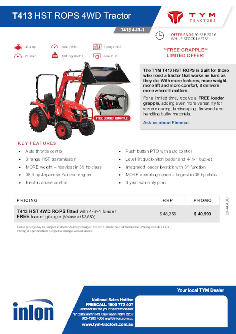 26-A043C TYM T413 HST ROPS Promotion oe 30.09